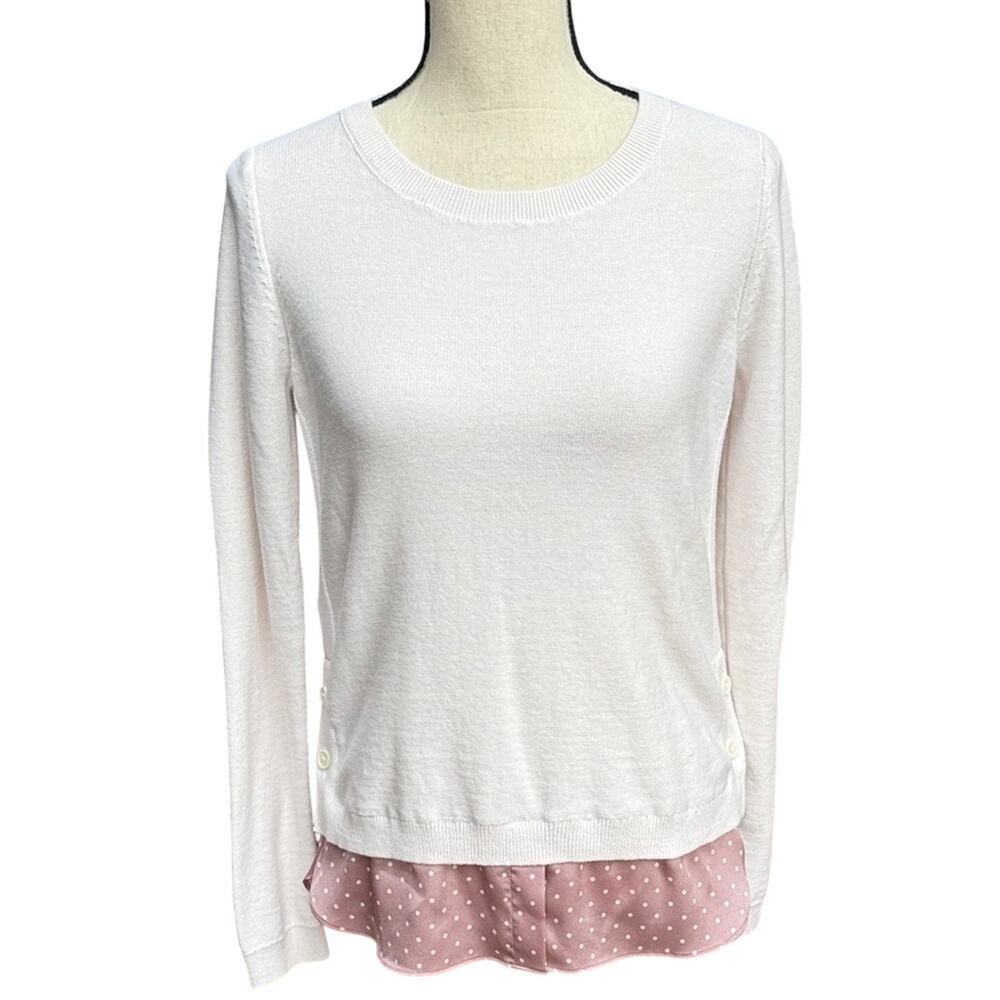 LOFT Mix Media Polka Dot Sweater Women's Small Cream Pink Layered Look Pullover